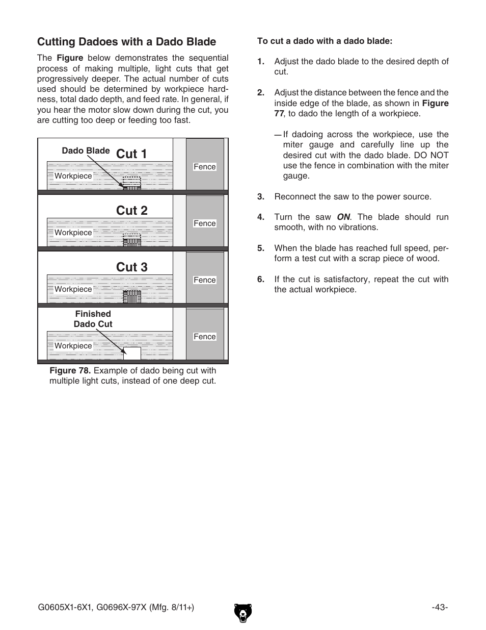 Cut 1, Cut 2, Cut 3 | Cutting dadoes with a dado blade | Grizzly G0696X User Manual | Page 46 / 101