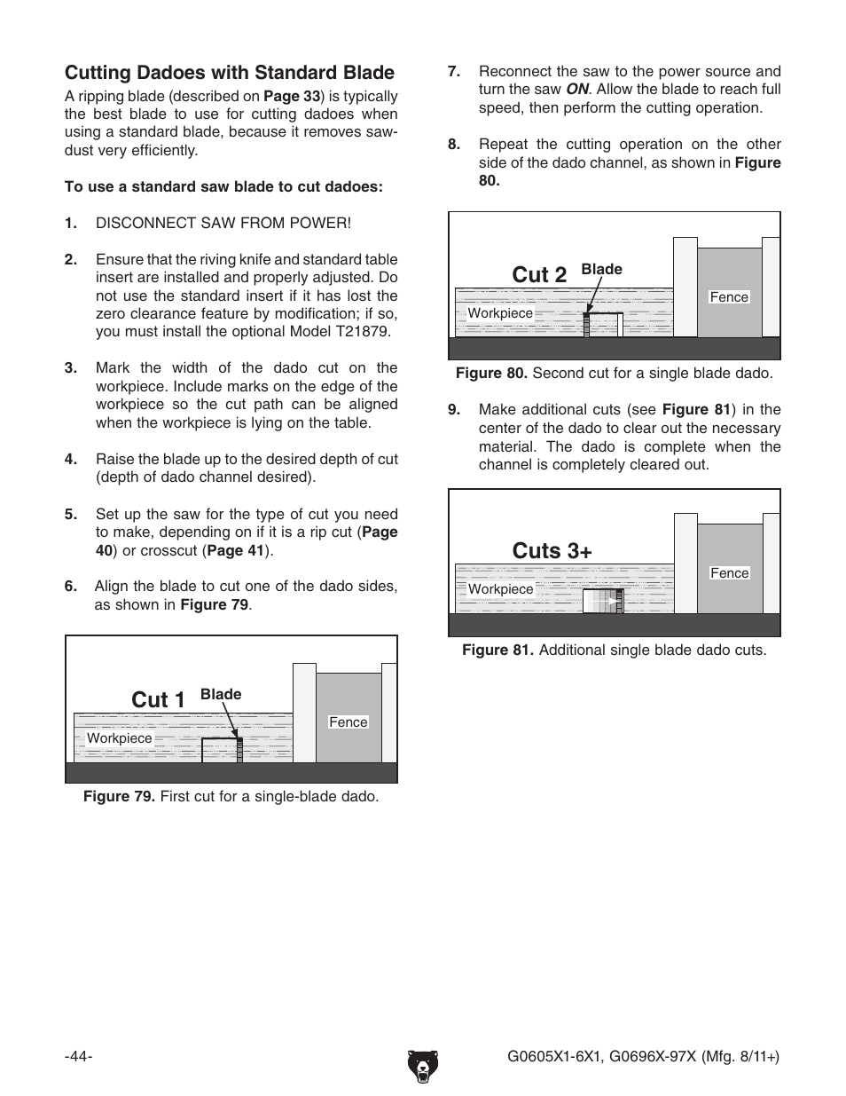 Cut 1, Cut 2, Cuts 3 | Cutting dadoes with standard blade | Grizzly G0696X User Manual | Page 47 / 101