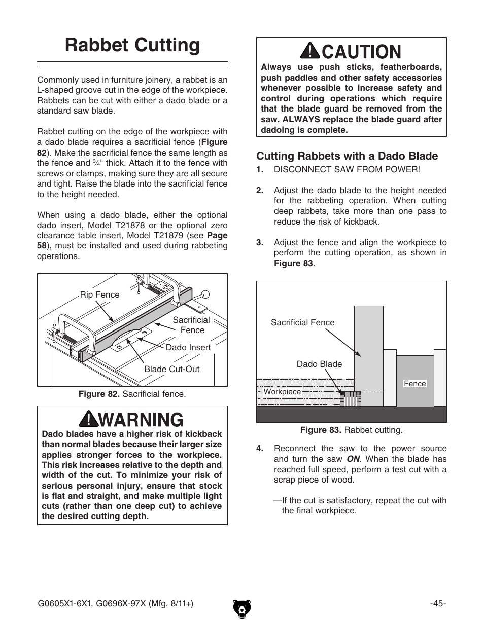 Rabbet cutting, Cutting rabbets with a dado blade | Grizzly G0696X User Manual | Page 48 / 101