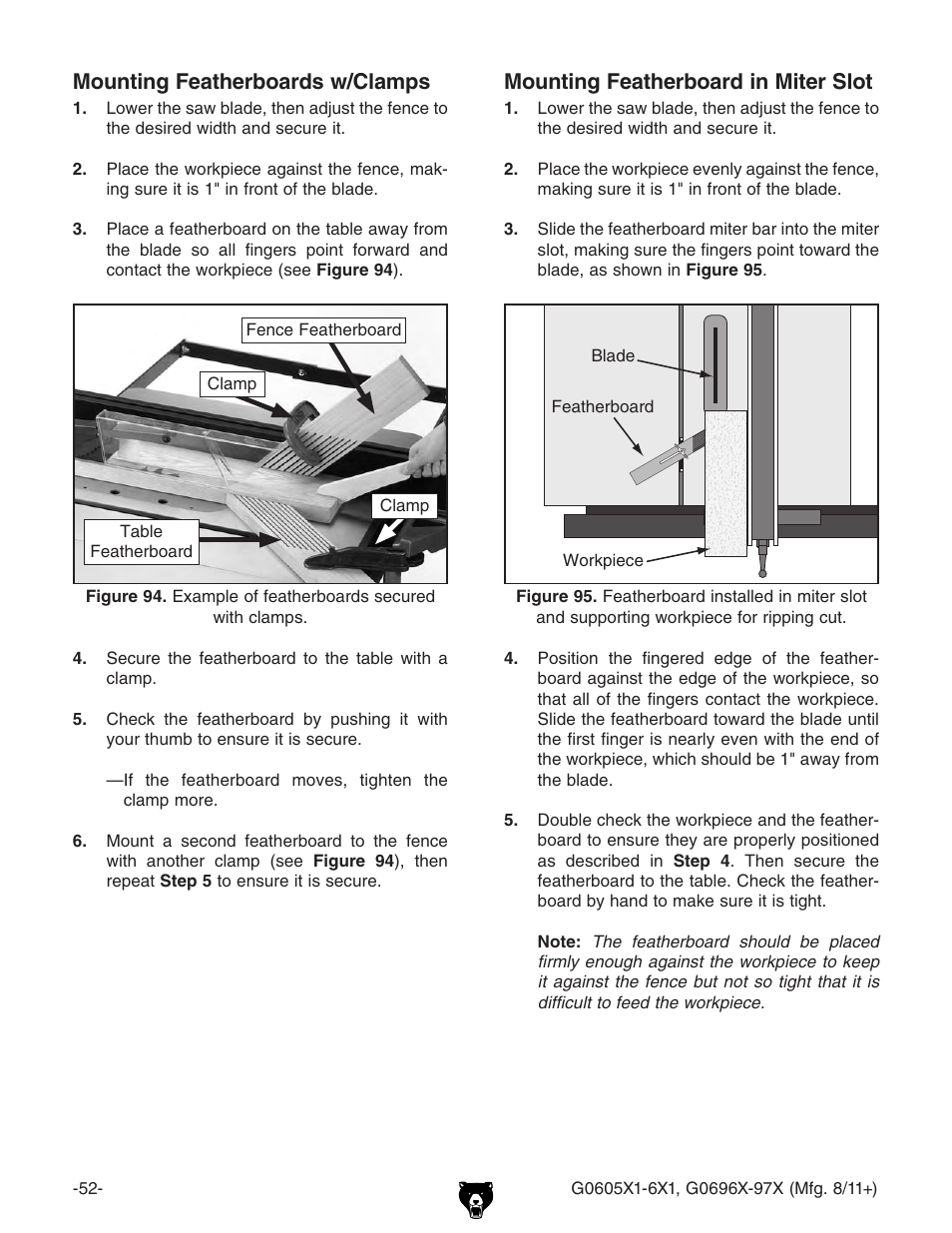 Mounting featherboard in miter slot, Mounting featherboards w/clamps | Grizzly G0696X User Manual | Page 55 / 101