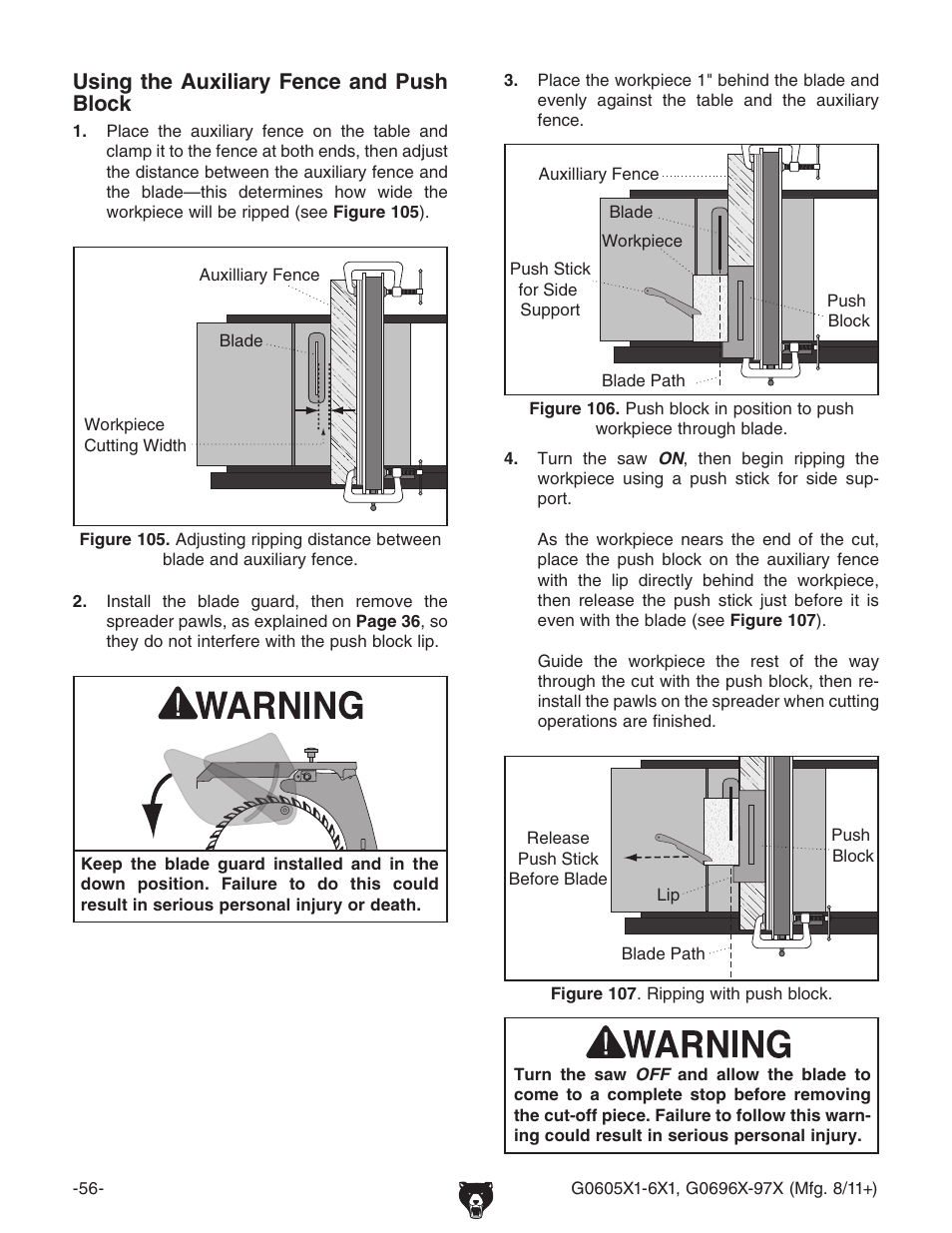 Using the auxiliary fence and push block | Grizzly G0696X User Manual | Page 59 / 101