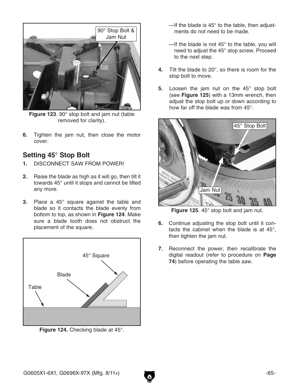 Setting 45° stop bolt | Grizzly G0696X User Manual | Page 68 / 101