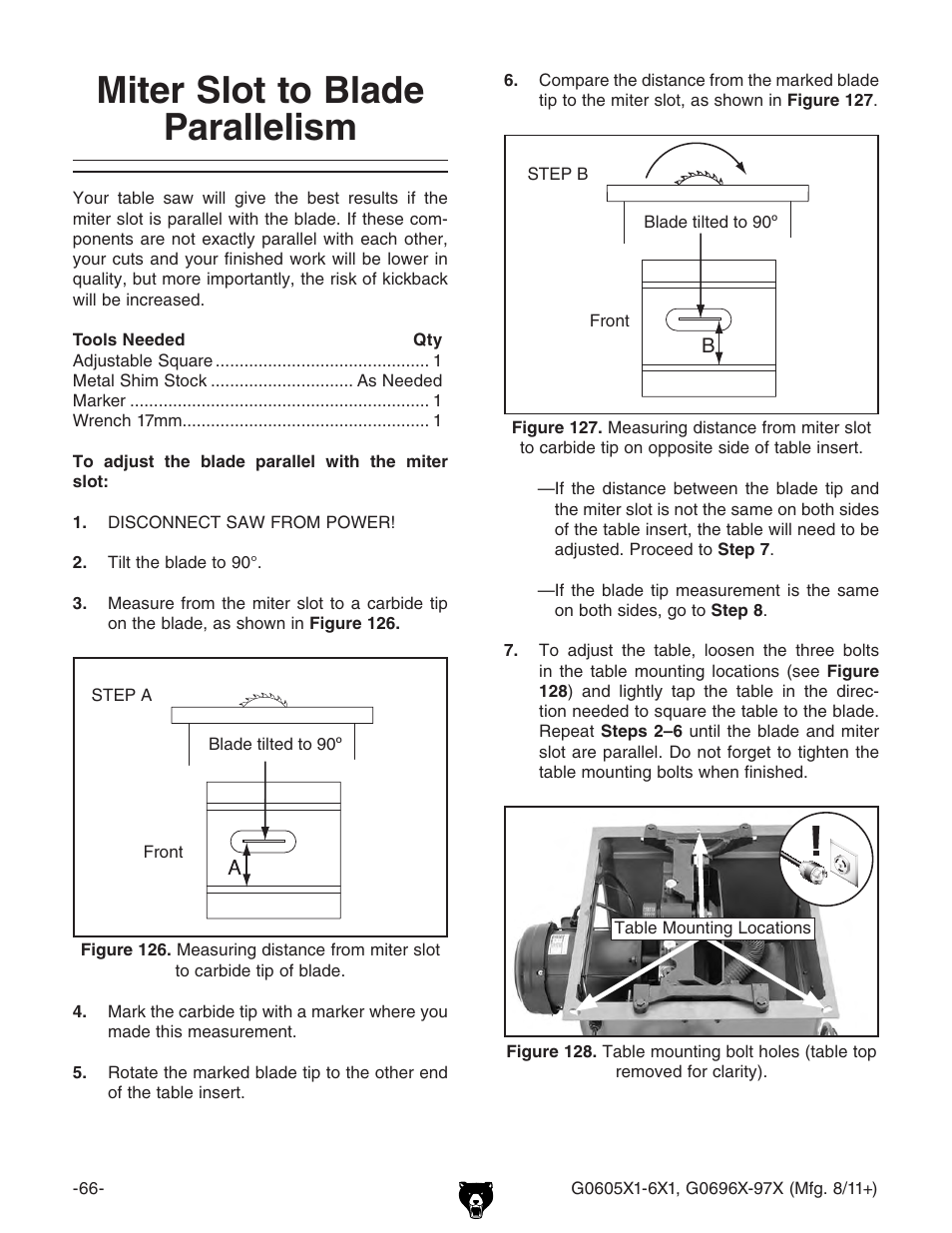 Miter slot to blade parallelism | Grizzly G0696X User Manual | Page 69 / 101