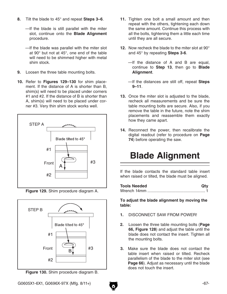 Blade alignment | Grizzly G0696X User Manual | Page 70 / 101