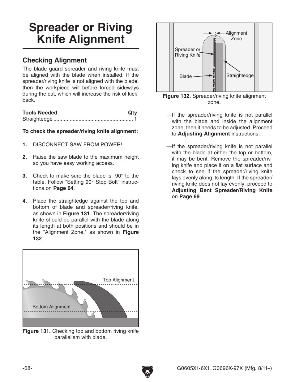 Spreader or riving knife alignment | Grizzly G0696X User Manual | Page 71 / 101