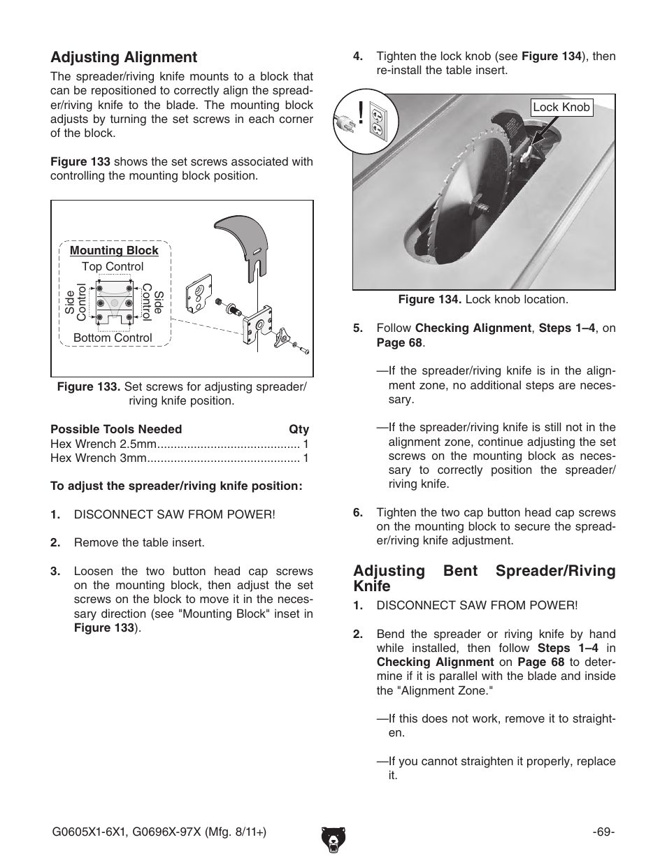 Adjusting bent spreader/riving knife, Adjusting alignment | Grizzly G0696X User Manual | Page 72 / 101