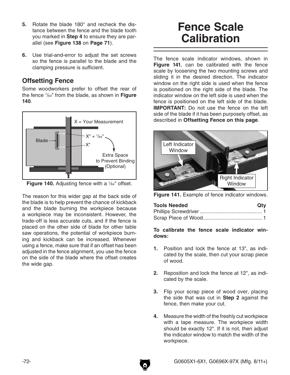 Fence scale calibration, Offsetting fence | Grizzly G0696X User Manual | Page 75 / 101