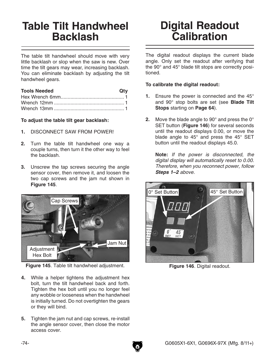 Table tilt handwheel backlash, Digital readout calibration | Grizzly G0696X User Manual | Page 77 / 101
