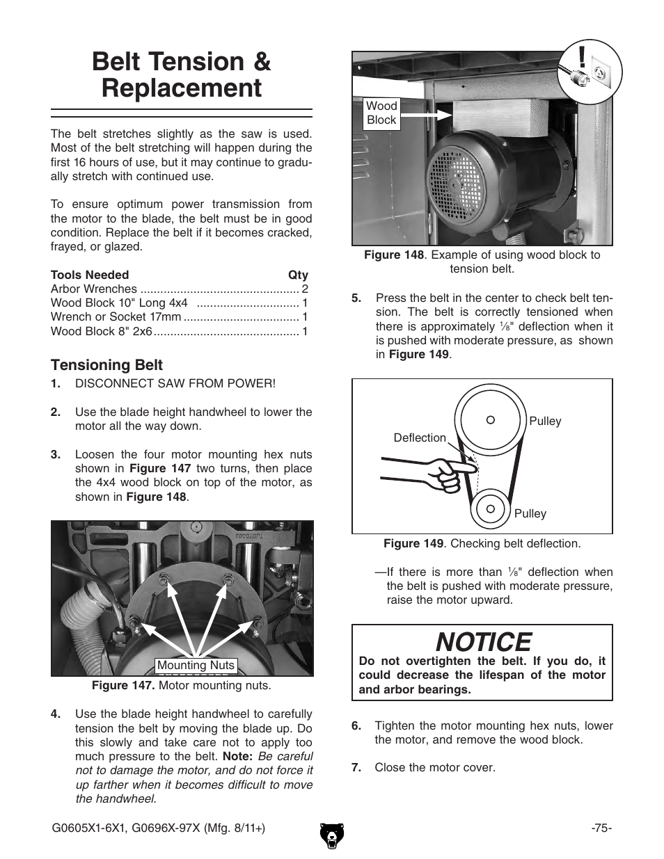 Belt tension & replacement, Notice | Grizzly G0696X User Manual | Page 78 / 101