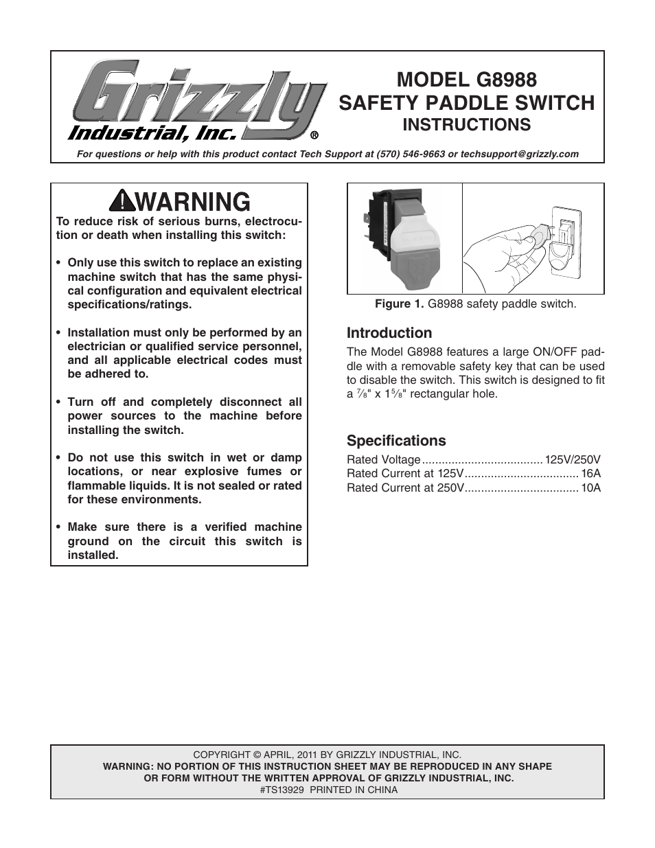 Grizzly Safety Paddle G8988 User Manual | 2 pages