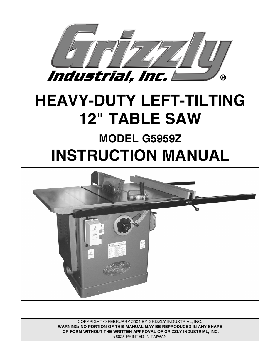 Grizzly Industrial Inc. Heavy-Duty Left Tilting 12" table saw G5959Z User Manual | 51 pages