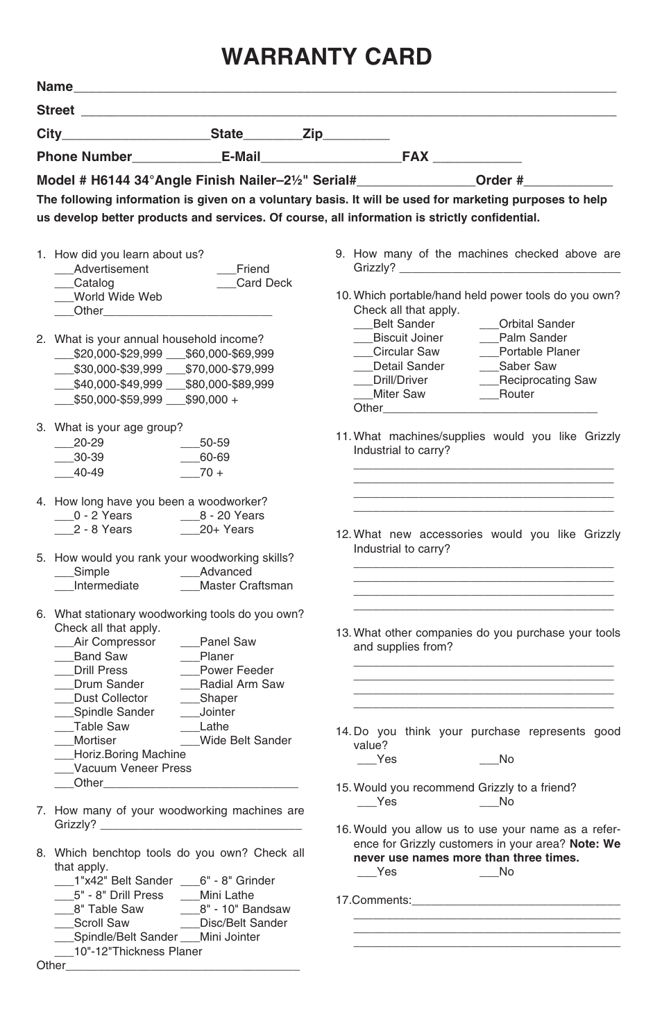 Warranty card | Grizzly H6144 User Manual | Page 19 / 20