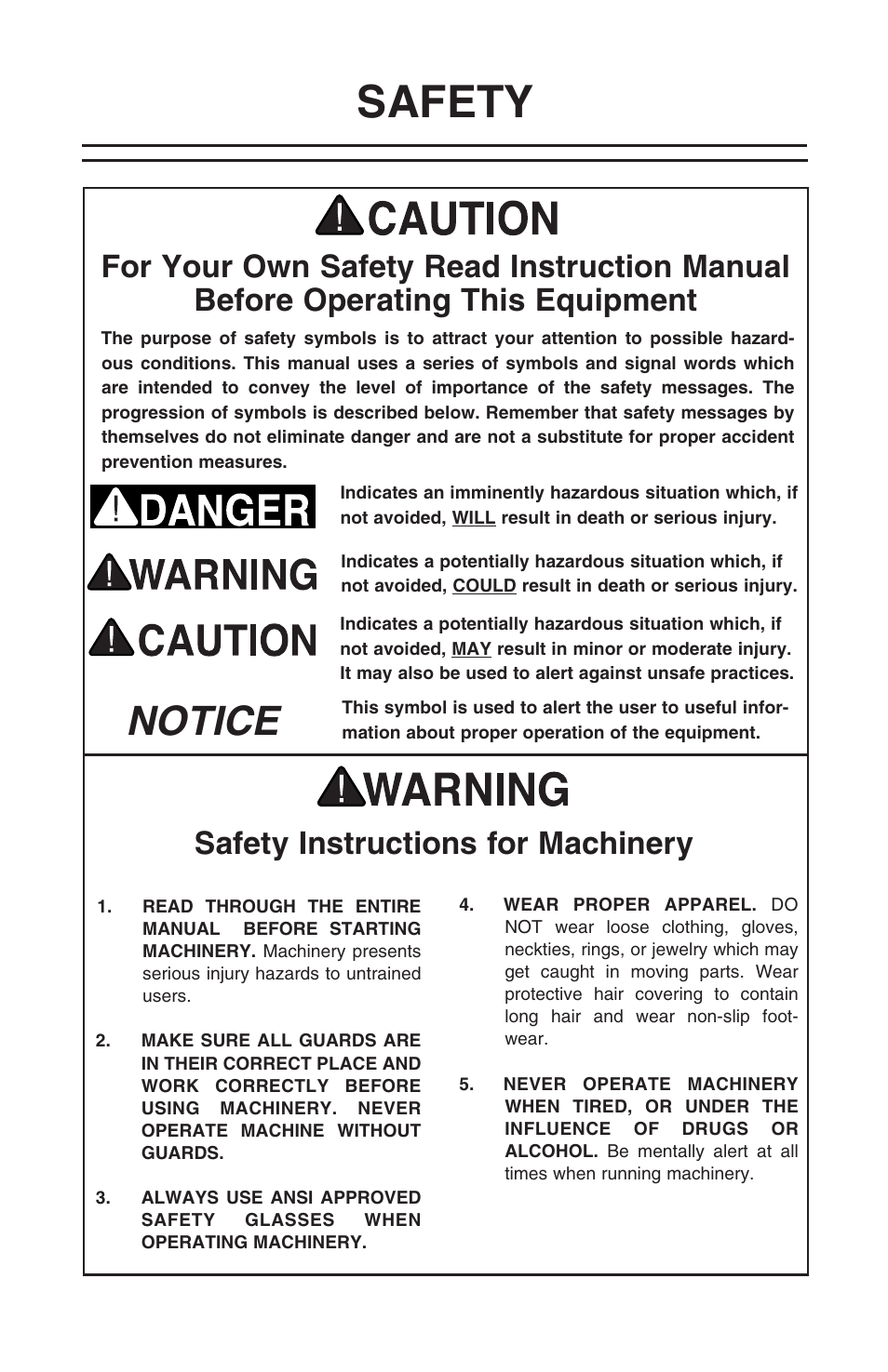 Safety, Notice, Safety instructions for machinery | Grizzly H6144 User Manual | Page 2 / 20
