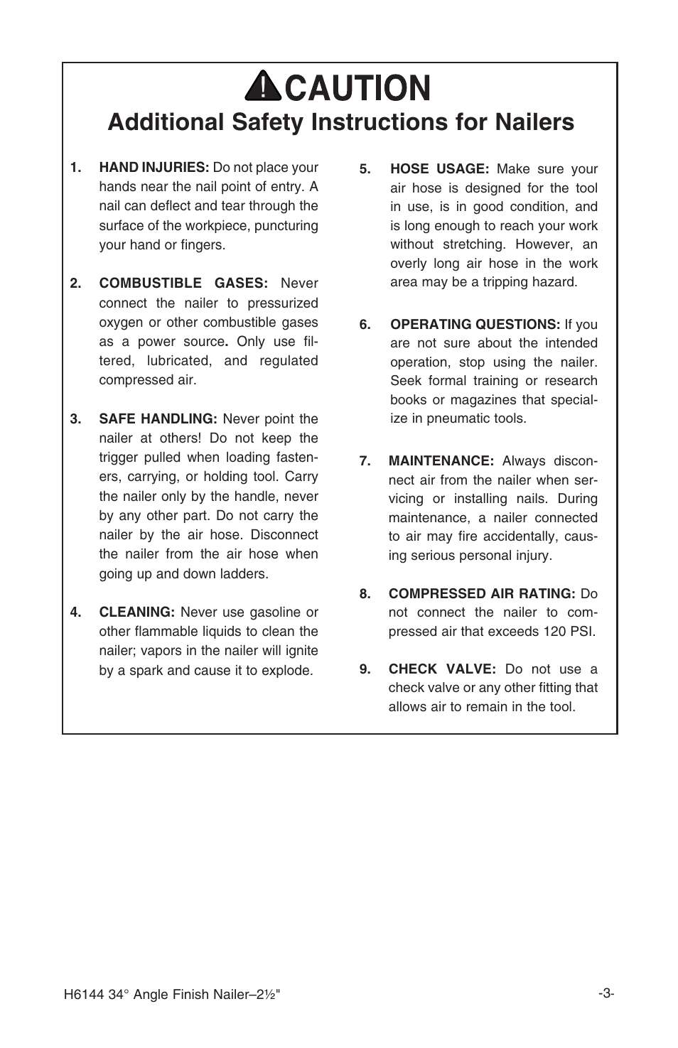 Additional safety instructions for nailers | Grizzly H6144 User Manual | Page 4 / 20