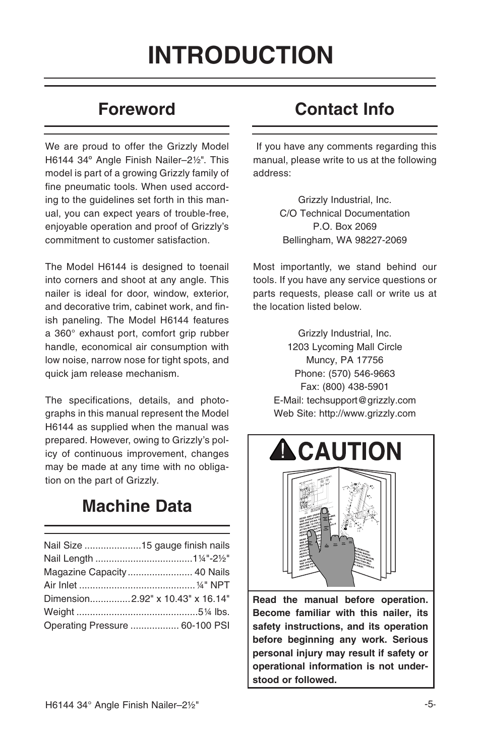 Introduction, Foreword contact info machine data | Grizzly H6144 User Manual | Page 6 / 20
