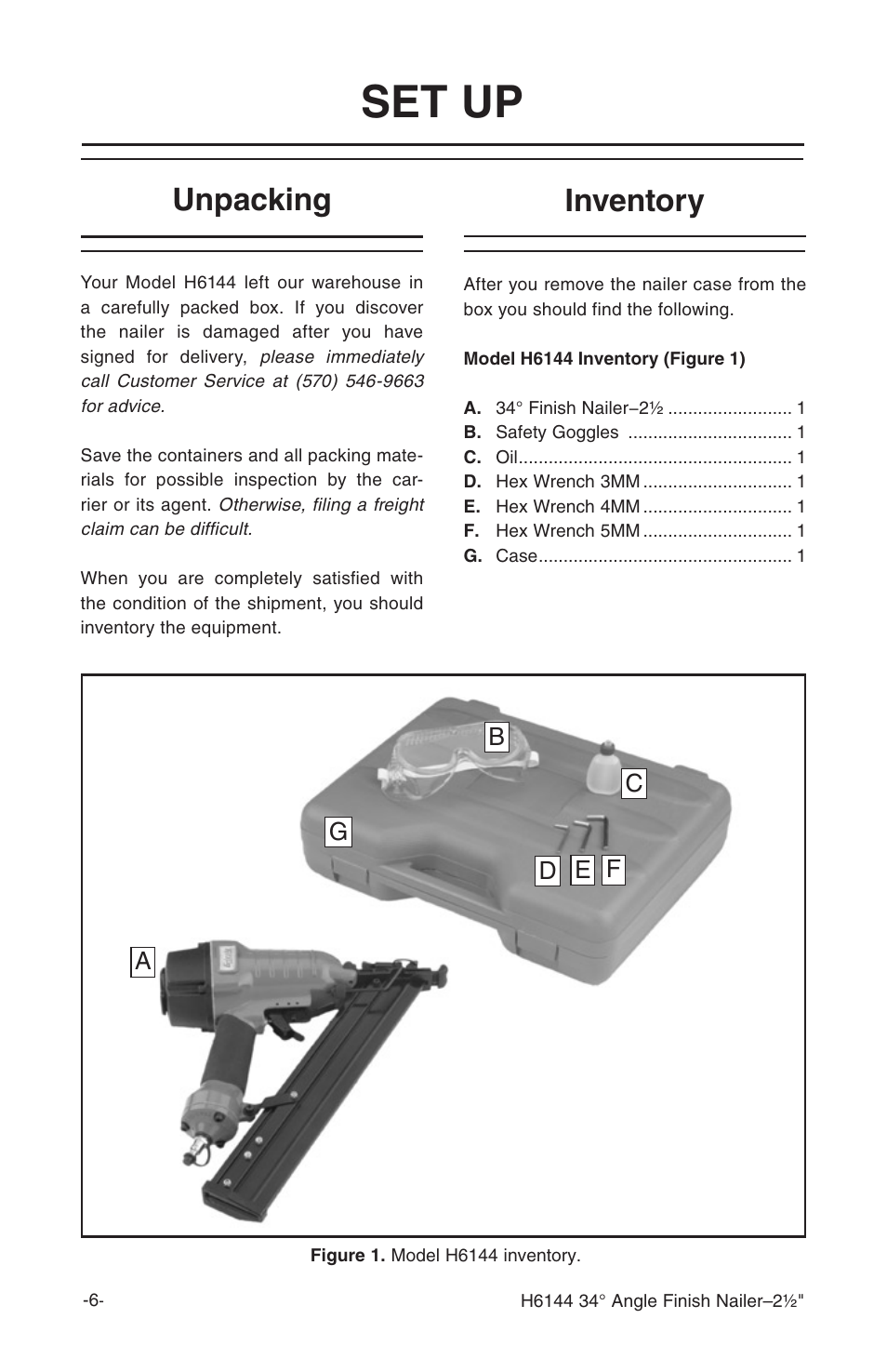 Set up, Unpacking, Inventory | Grizzly H6144 User Manual | Page 7 / 20