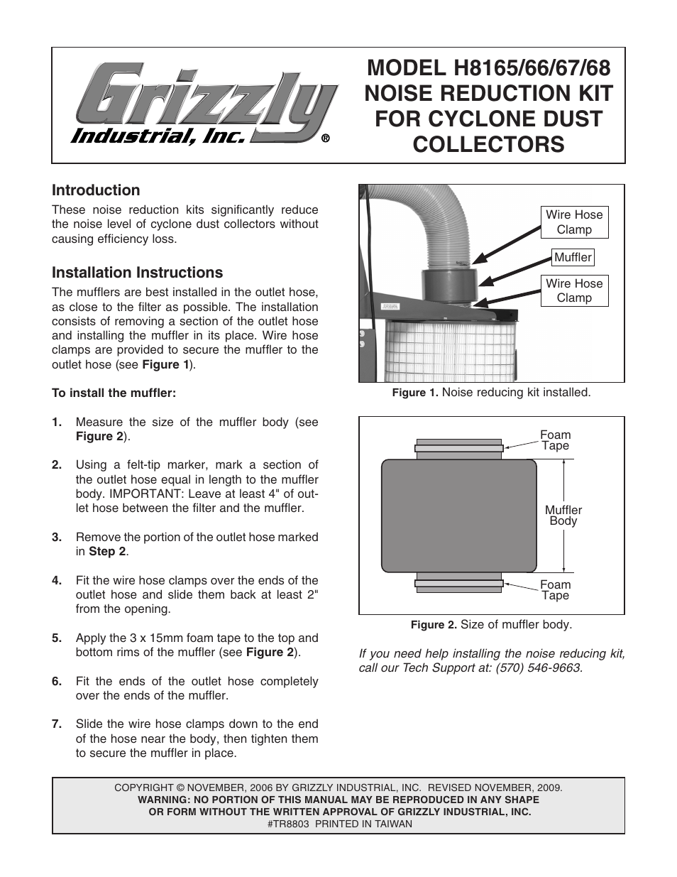 Grizzly Noise Reduction Kit for Cyclone Dust Collectors TR8803 User Manual | 1 page
