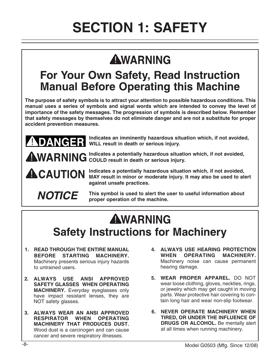 Notice safety instructions for machinery | Grizzly G0503 User Manual | Page 10 / 76