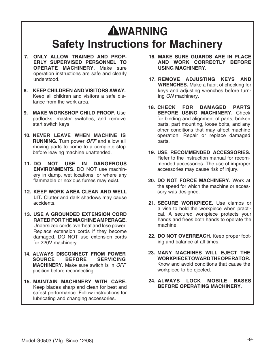 Safety instructions for machinery | Grizzly G0503 User Manual | Page 11 / 76