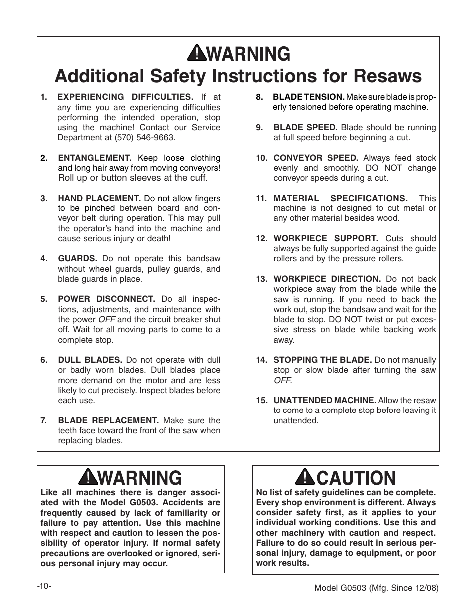 Additional safety instructions for resaws | Grizzly G0503 User Manual | Page 12 / 76