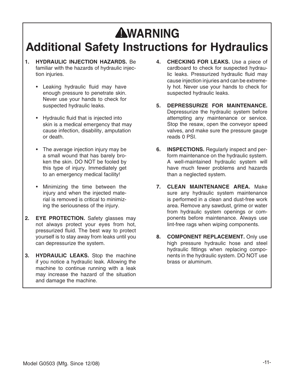 Additional safety instructions for hydraulics | Grizzly G0503 User Manual | Page 13 / 76