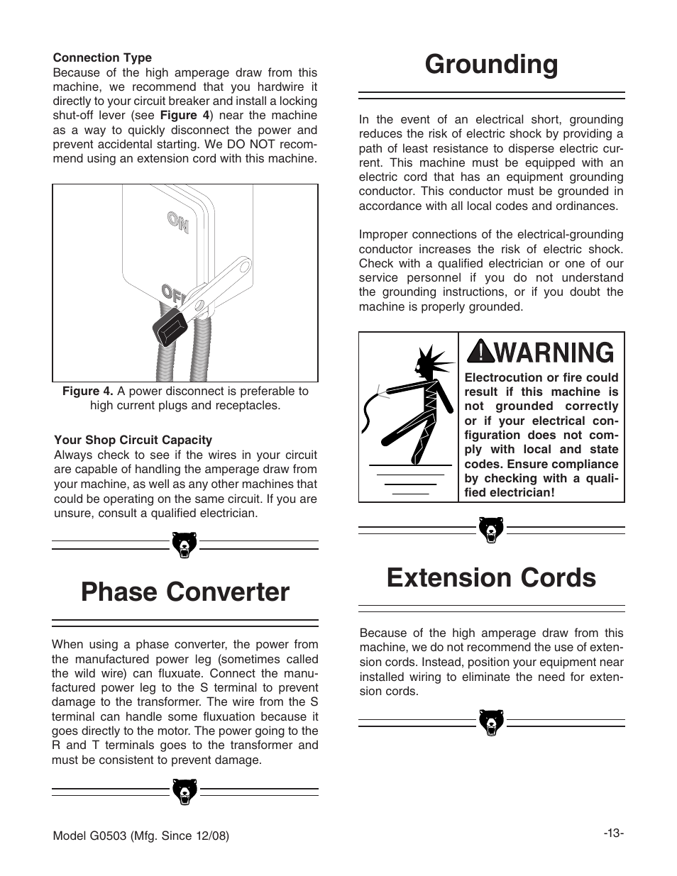 Grounding, Extension cords, Phase converter | Grizzly G0503 User Manual | Page 15 / 76