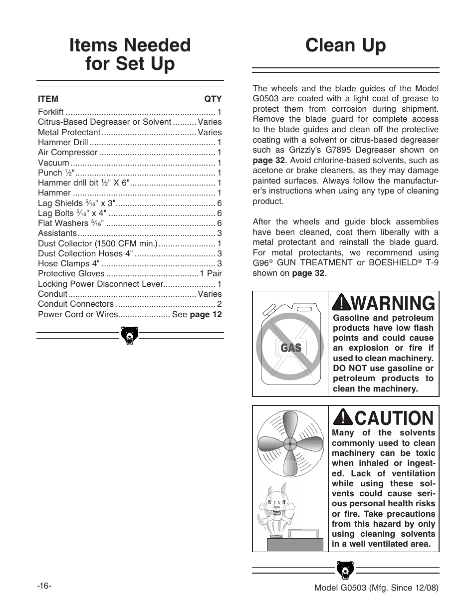 Clean up, Items needed for set up | Grizzly G0503 User Manual | Page 18 / 76