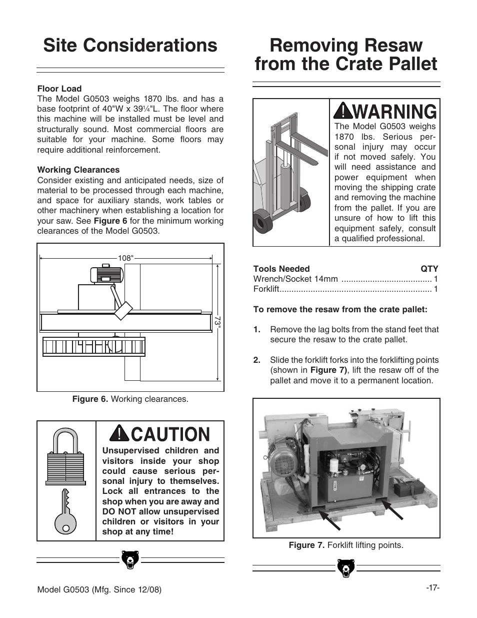 Site considerations, Removing resaw from the crate pallet | Grizzly G0503 User Manual | Page 19 / 76