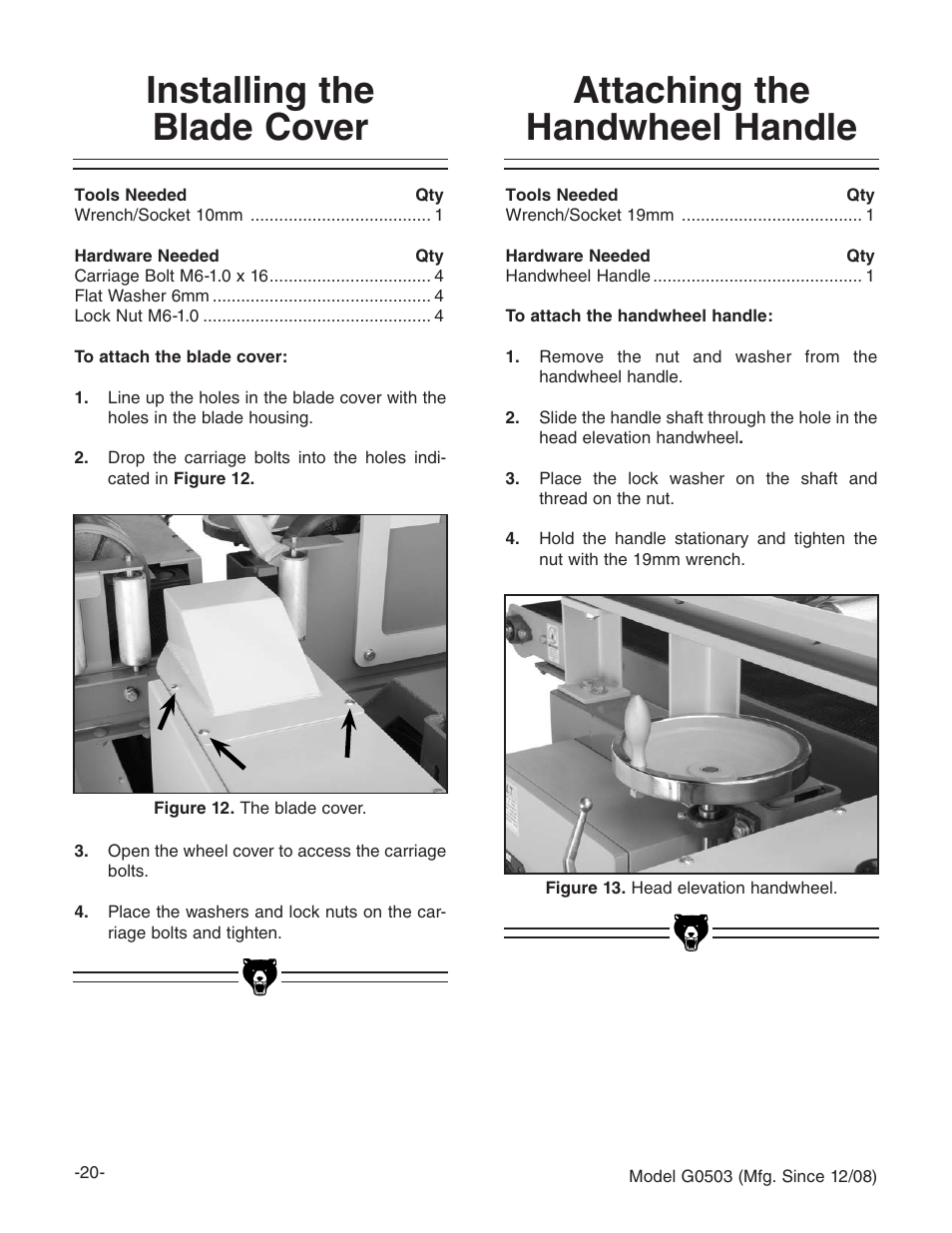 Installing the blade cover, Attaching the handwheel handle | Grizzly G0503 User Manual | Page 22 / 76