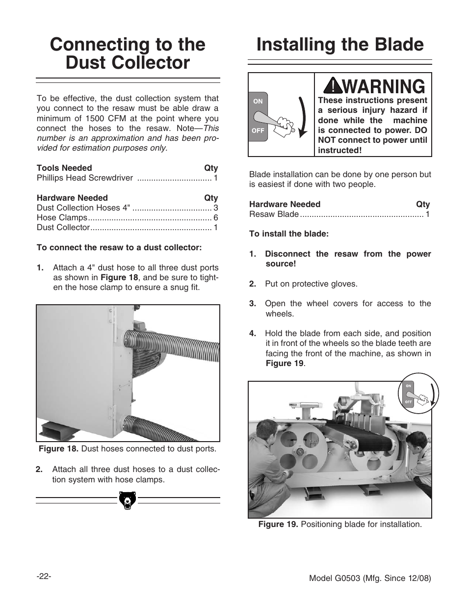 Connecting to the dust collector, Installing the blade | Grizzly G0503 User Manual | Page 24 / 76