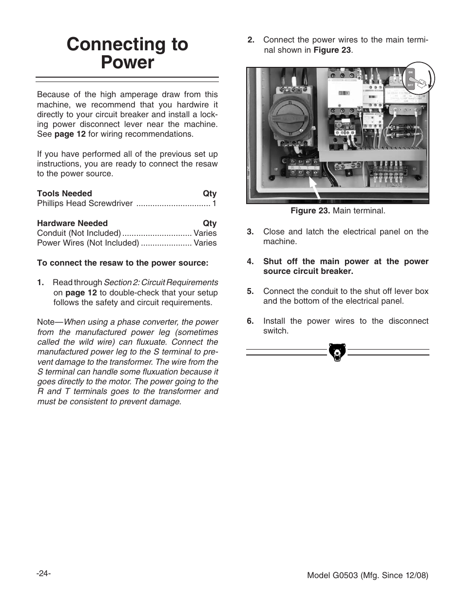 Connecting to power | Grizzly G0503 User Manual | Page 26 / 76