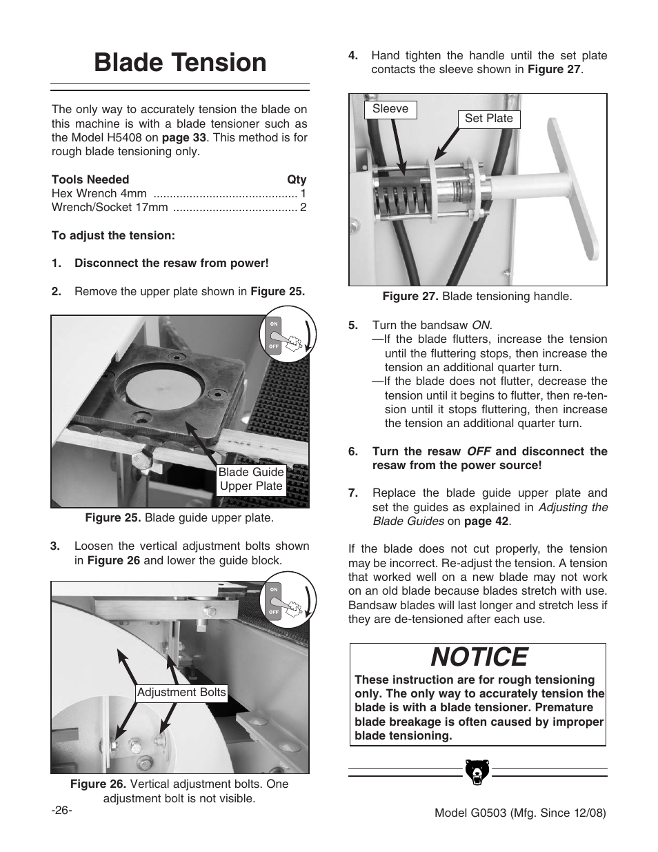 Blade tension, Notice | Grizzly G0503 User Manual | Page 28 / 76