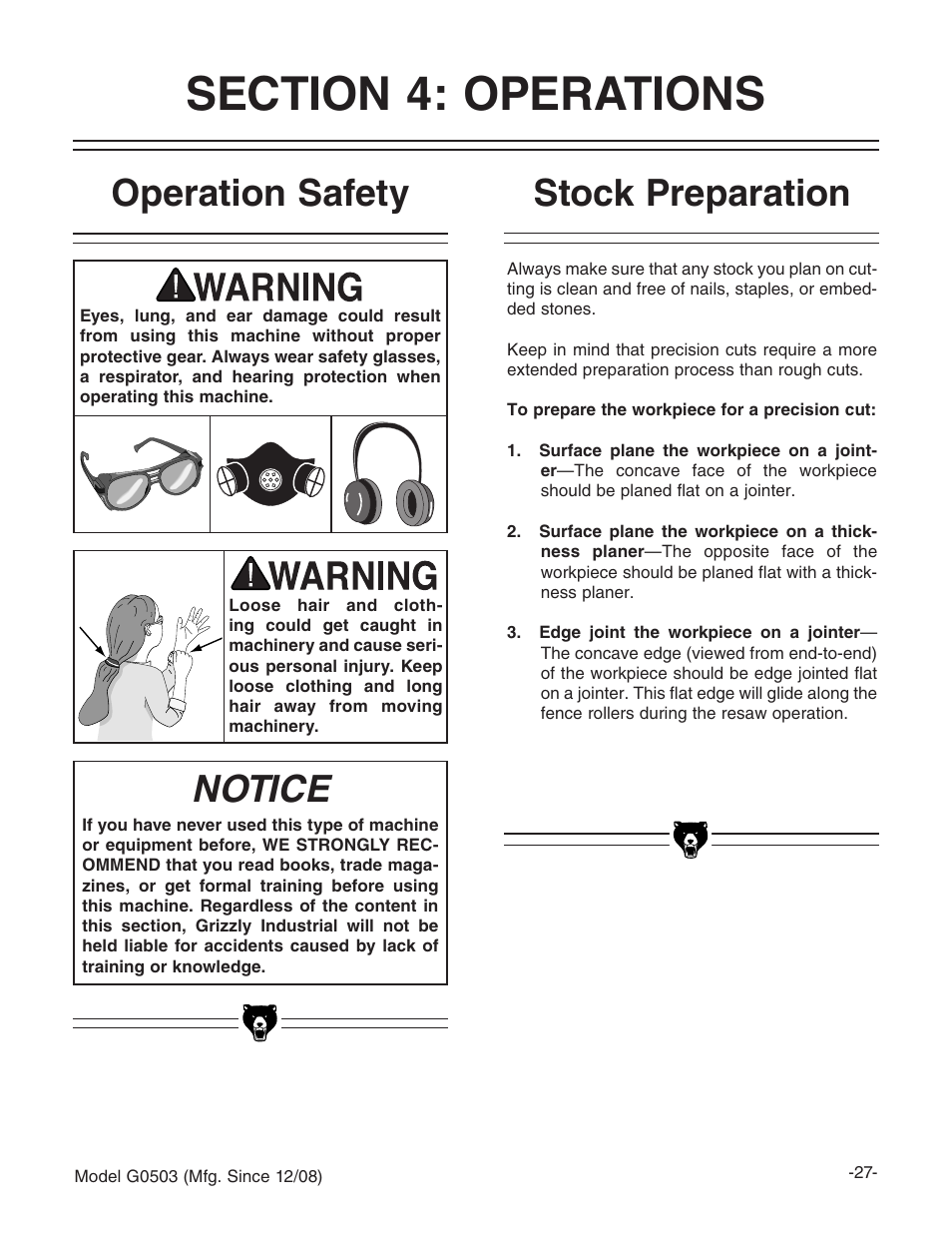 Operation safety, Notice, Stock preparation | Grizzly G0503 User Manual | Page 29 / 76