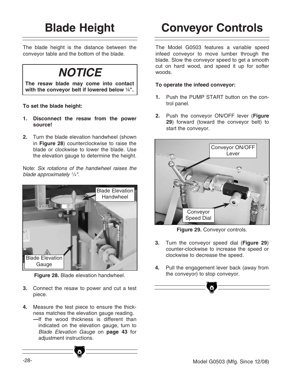 Blade height, Notice, Conveyor controls | Grizzly G0503 User Manual | Page 30 / 76