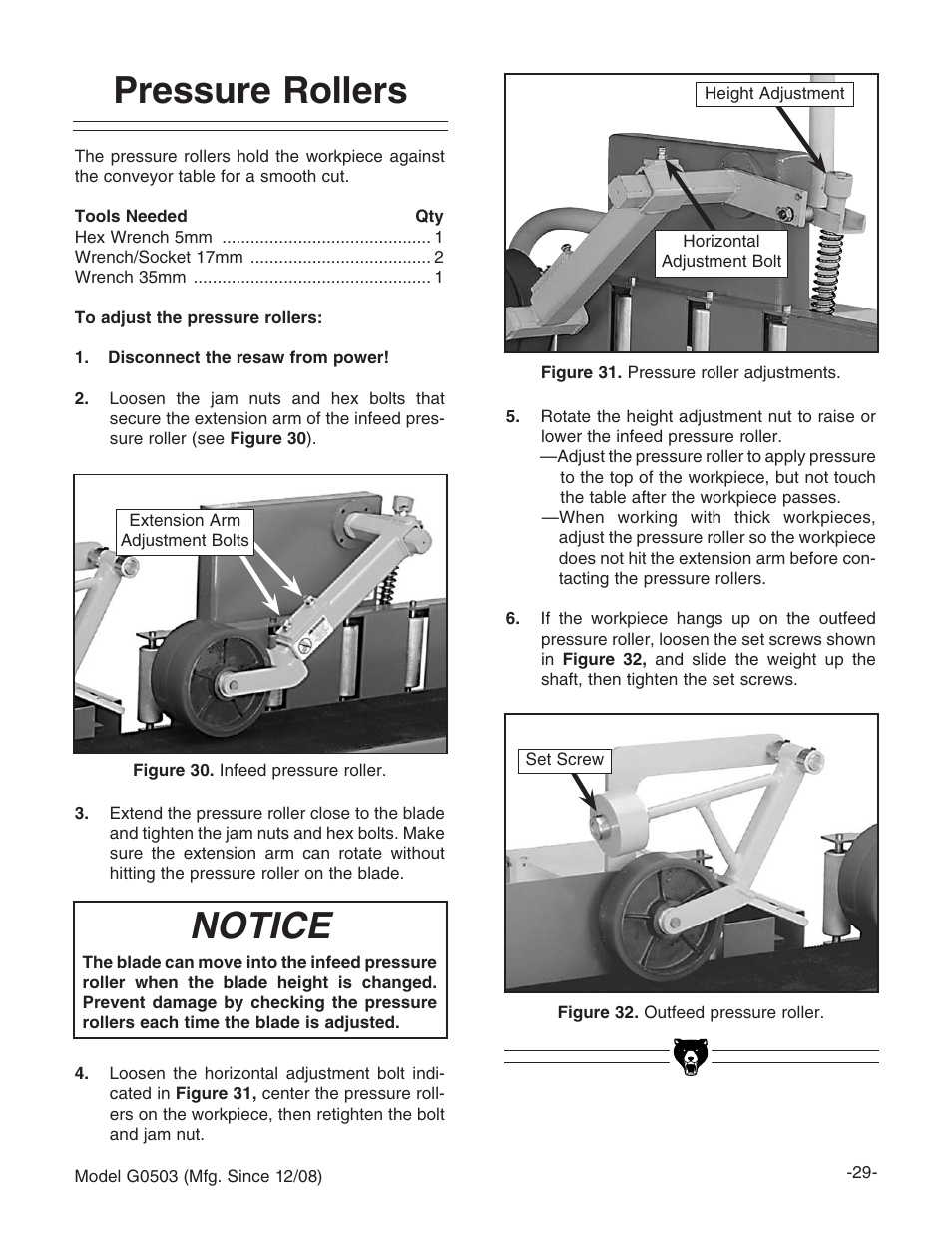 Pressure rollers, Notice | Grizzly G0503 User Manual | Page 31 / 76
