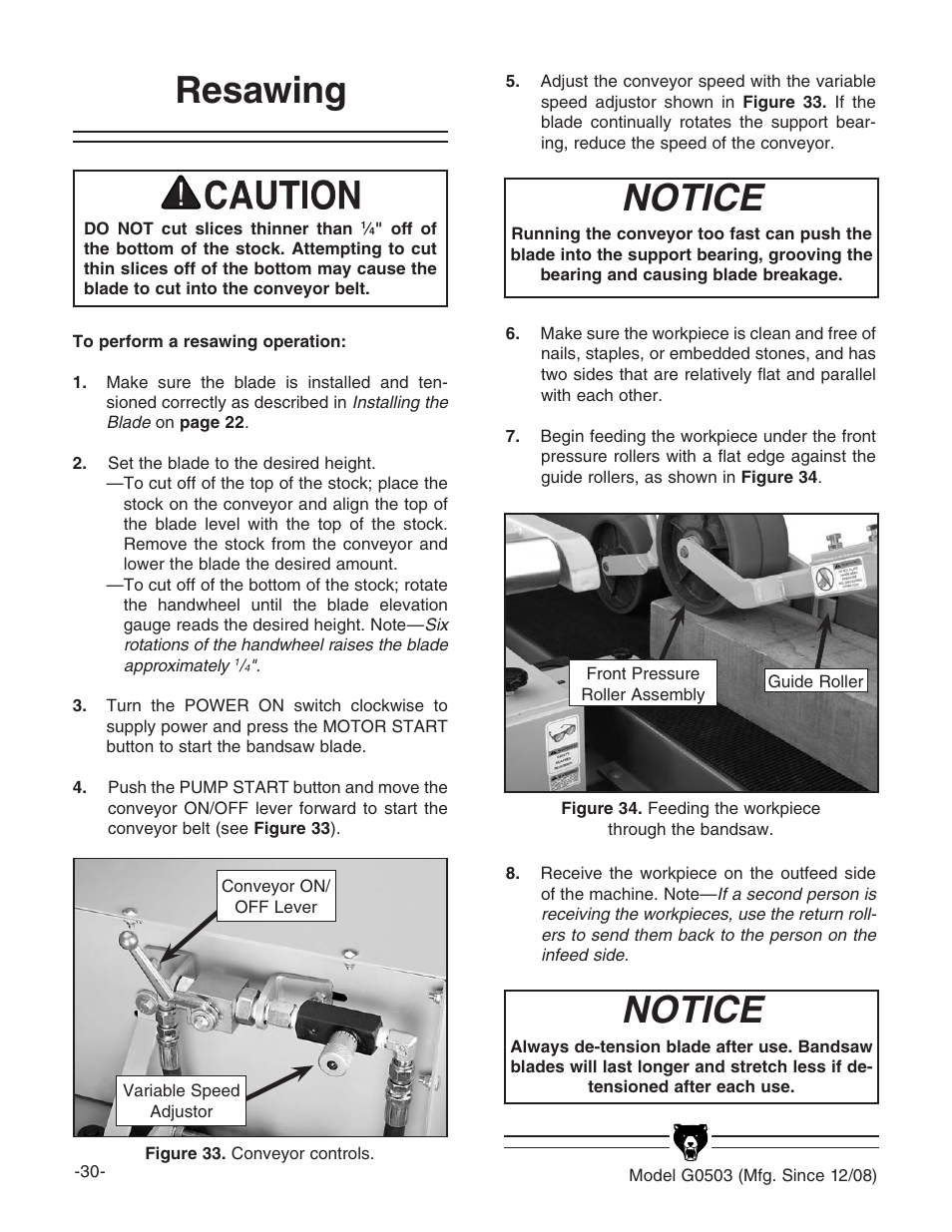 Resawing, Notice | Grizzly G0503 User Manual | Page 32 / 76