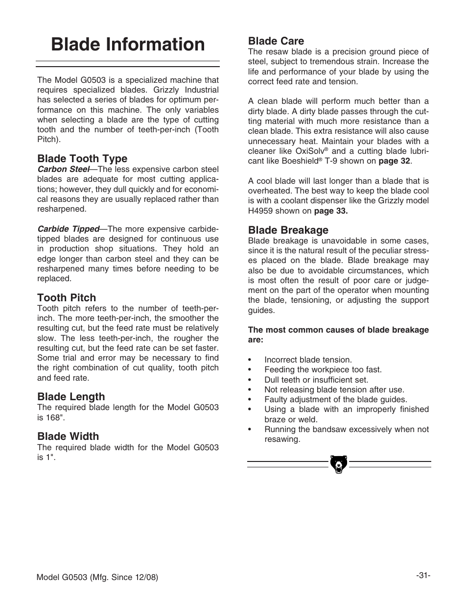 Blade information | Grizzly G0503 User Manual | Page 33 / 76