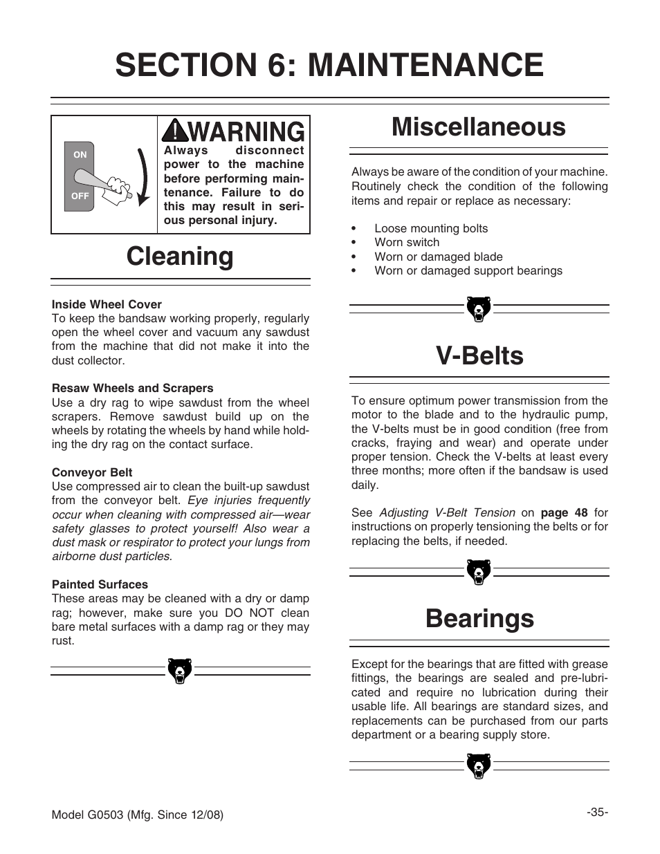 Bearings v-belts miscellaneous cleaning | Grizzly G0503 User Manual | Page 37 / 76