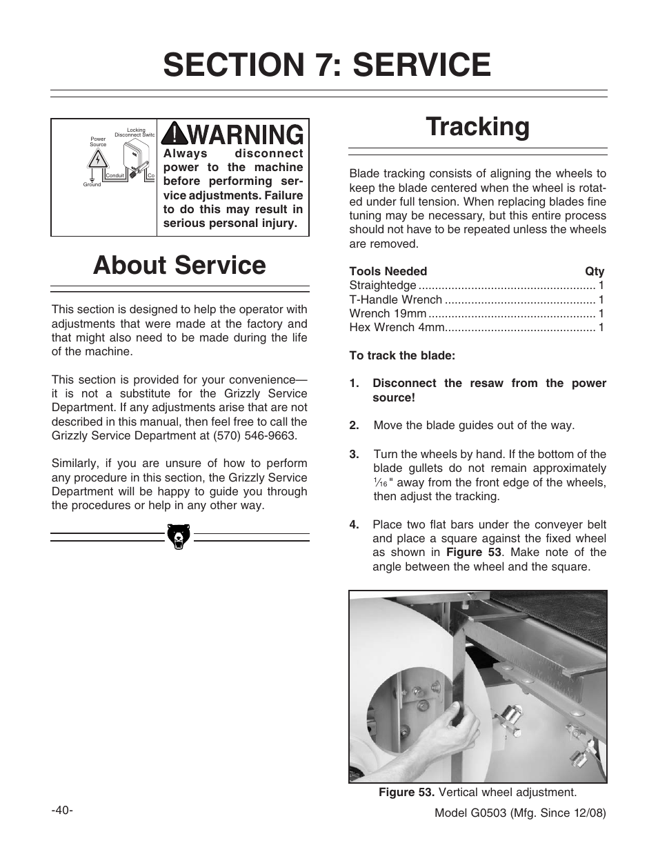 About service, Tracking | Grizzly G0503 User Manual | Page 42 / 76