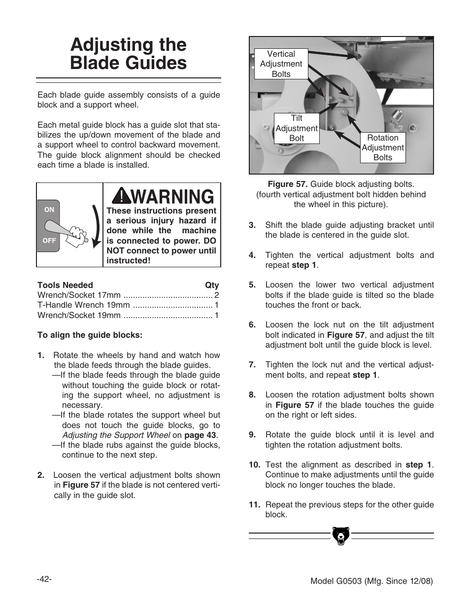 Adjusting the blade guides | Grizzly G0503 User Manual | Page 44 / 76