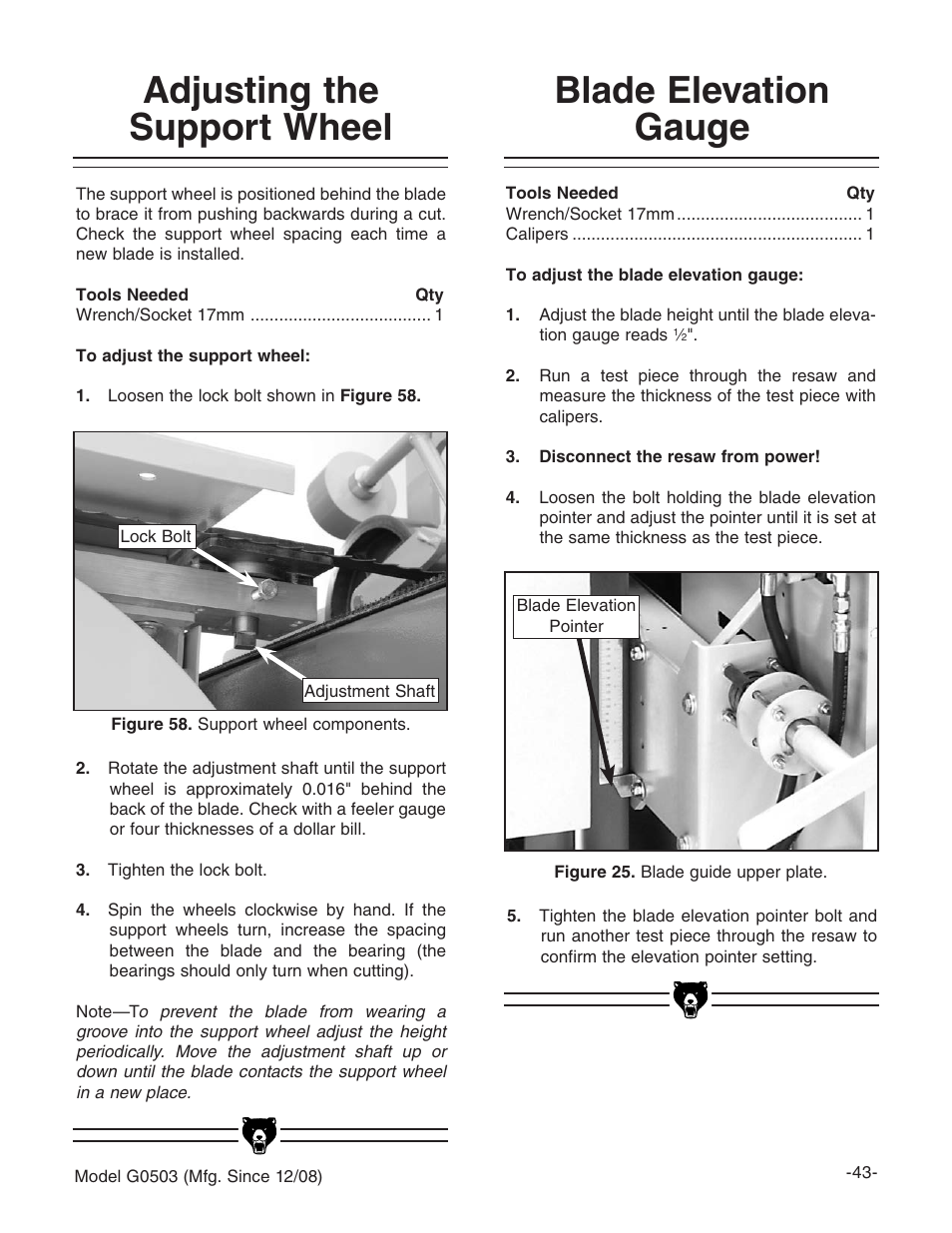 Blade elevation gauge, Adjusting the support wheel | Grizzly G0503 User Manual | Page 45 / 76