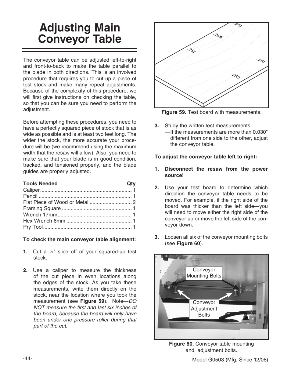 Adjusting main conveyor table | Grizzly G0503 User Manual | Page 46 / 76