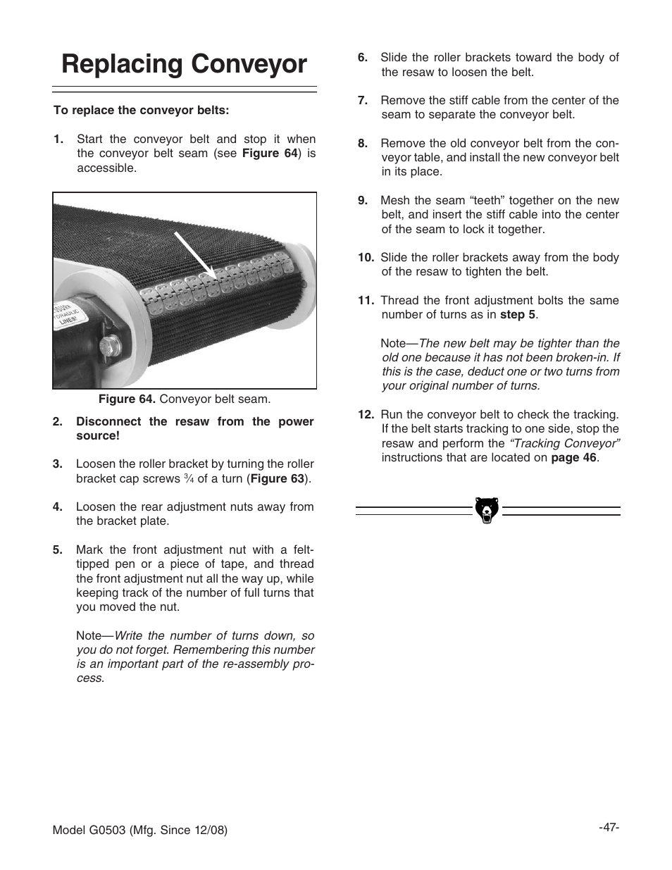 Replacing conveyor | Grizzly G0503 User Manual | Page 49 / 76