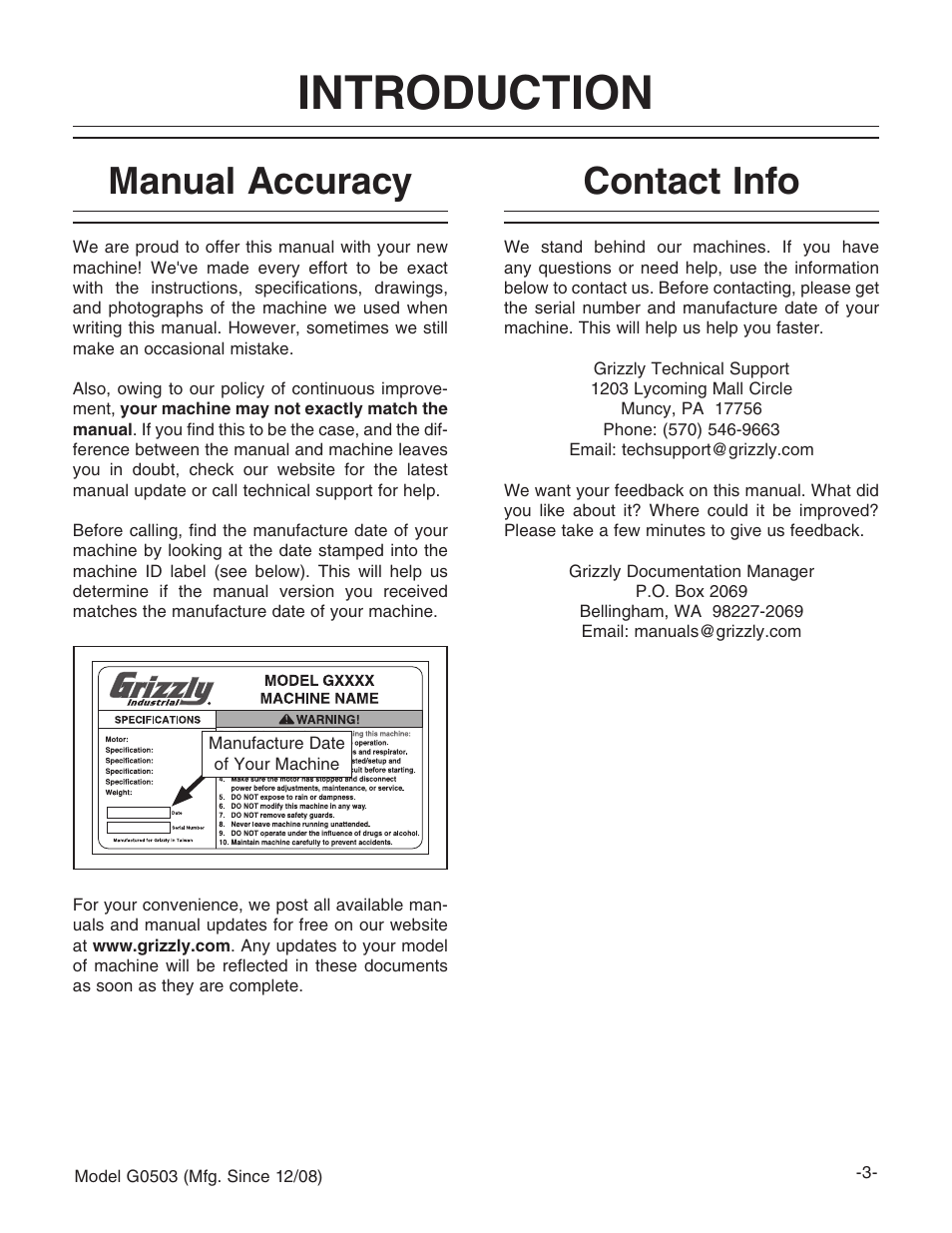 Introduction, Manual accuracy, Contact info | Grizzly G0503 User Manual | Page 5 / 76