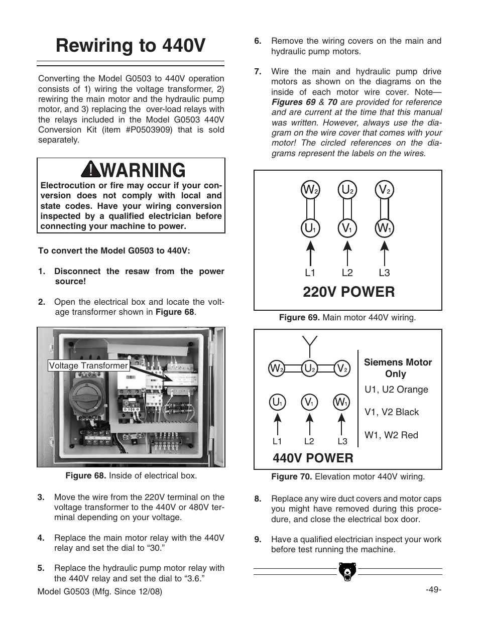 Rewiring to 440v, 220v power, 440v power | Grizzly G0503 User Manual | Page 51 / 76