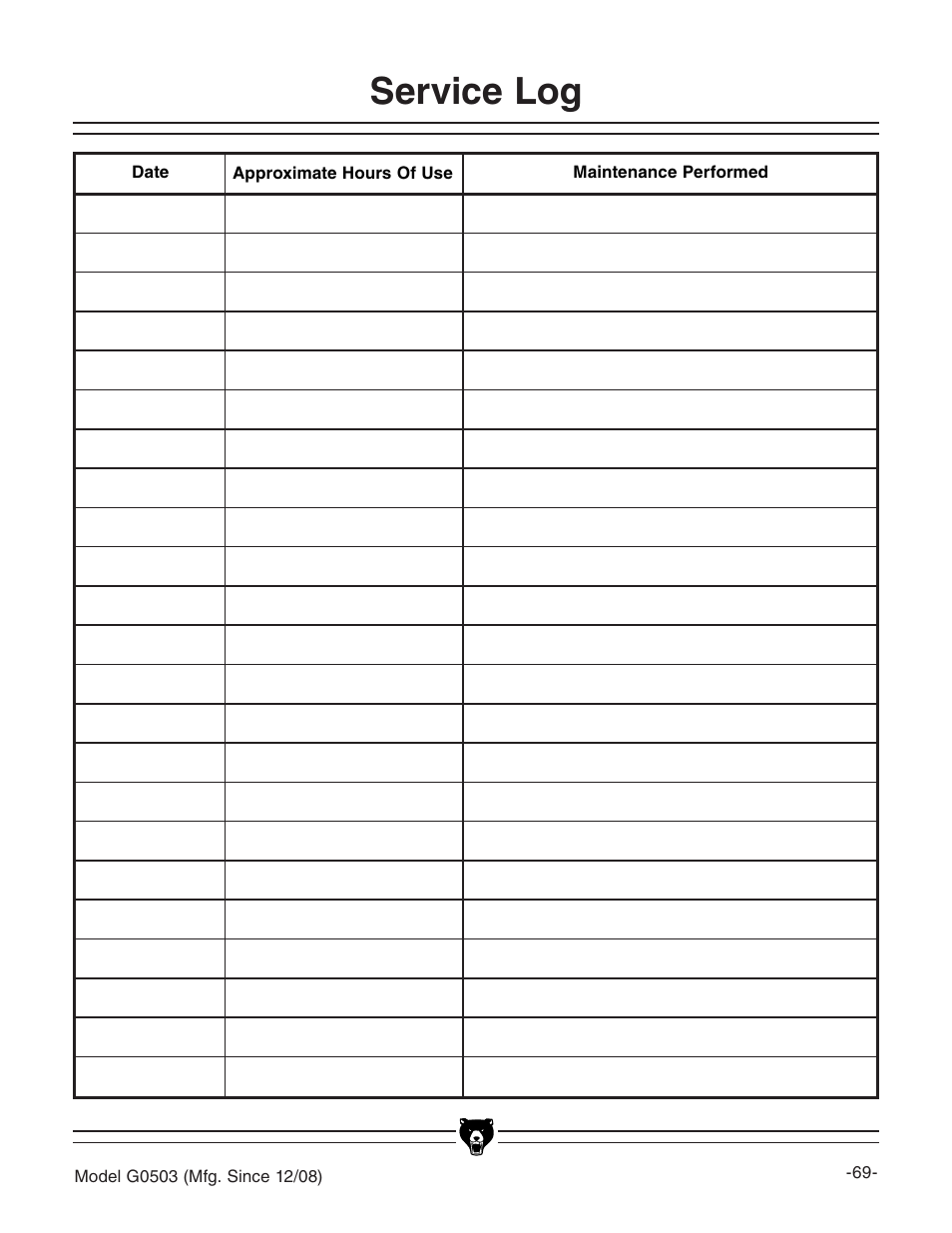 Service log | Grizzly G0503 User Manual | Page 71 / 76