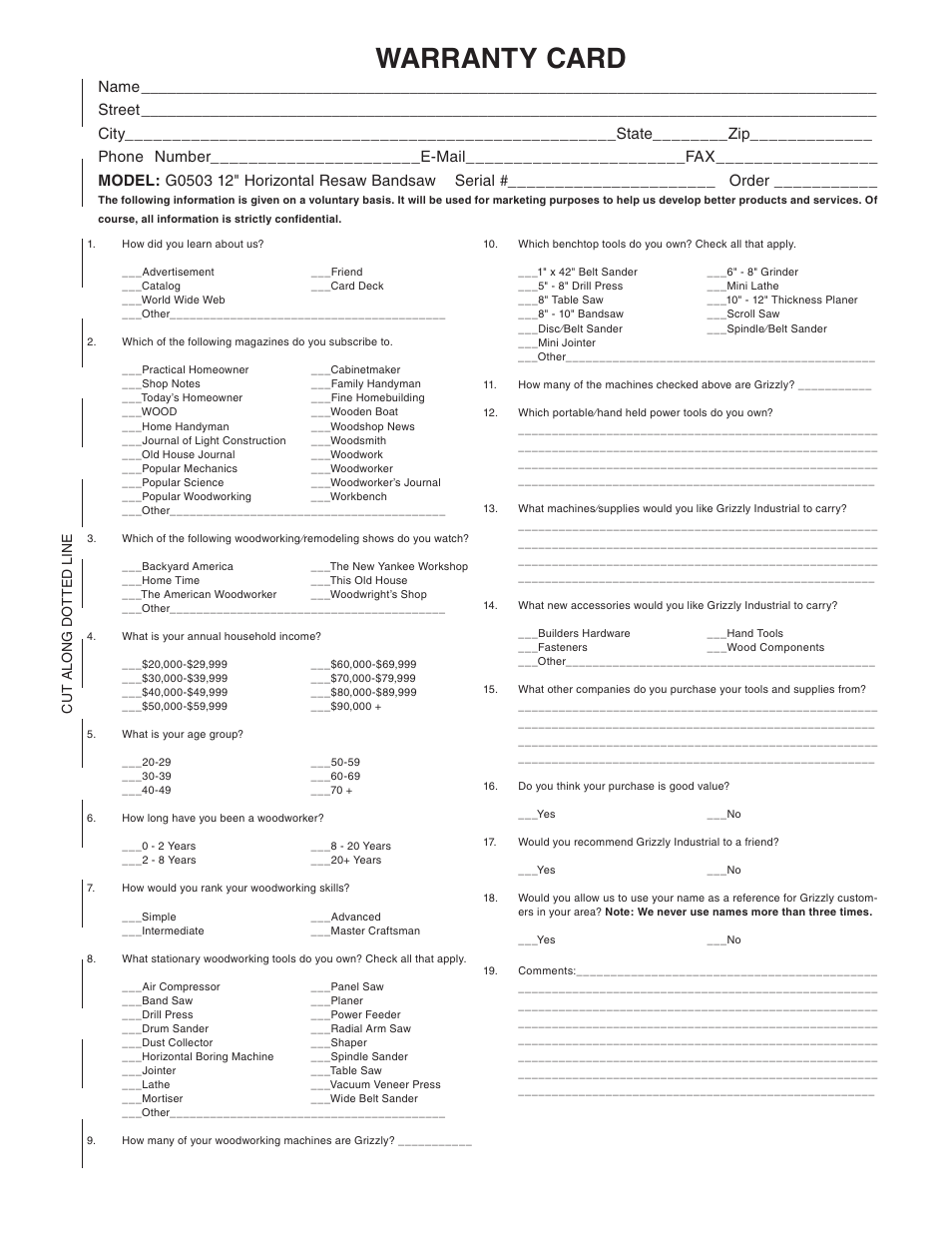 Warranty card | Grizzly G0503 User Manual | Page 73 / 76