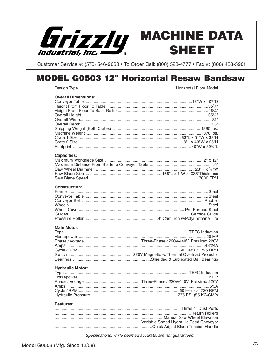 Machine data sheet, G0503 machine data sheet | Grizzly G0503 User Manual | Page 9 / 76