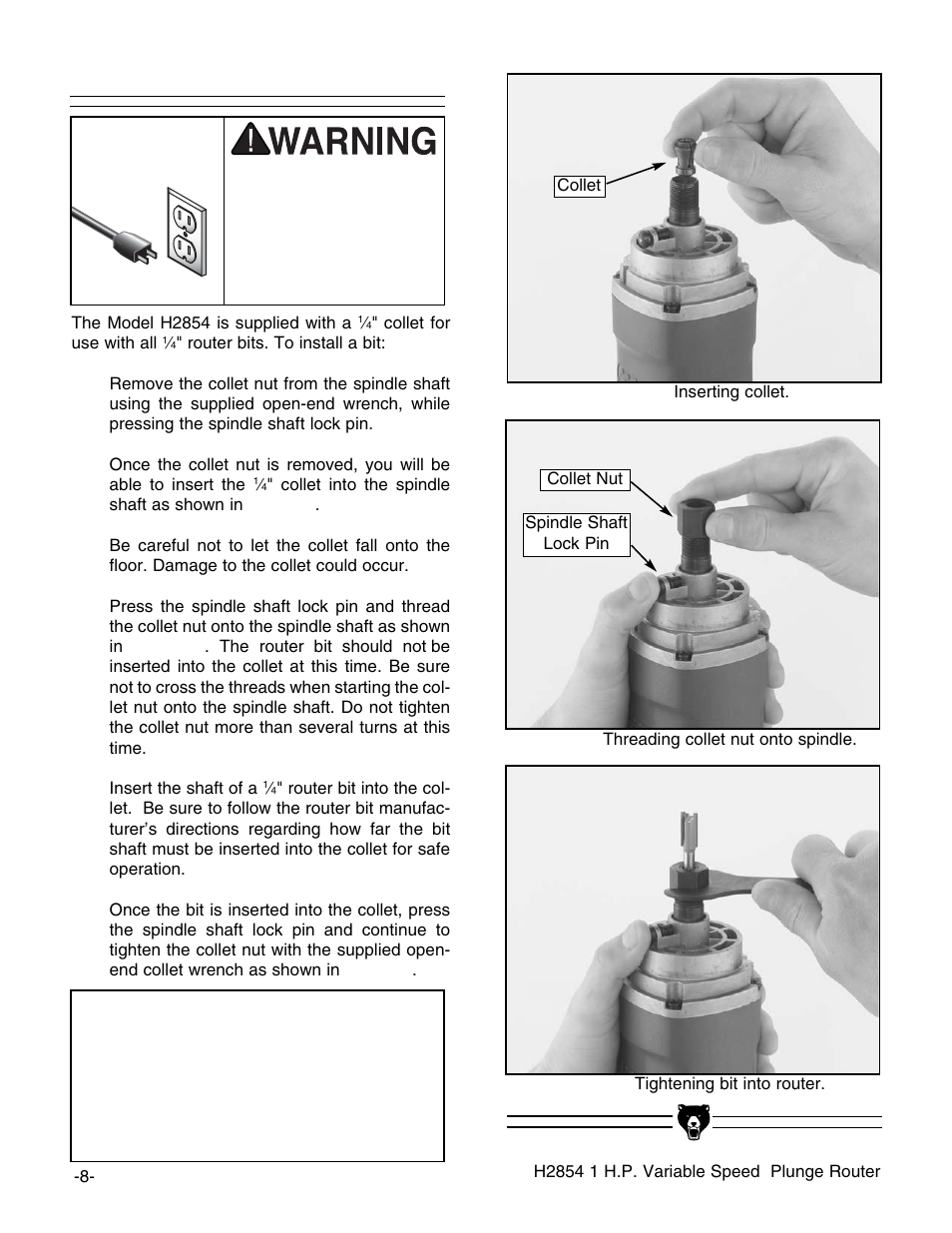 Installing bits, Notice | Grizzly H2854 User Manual | Page 10 / 24