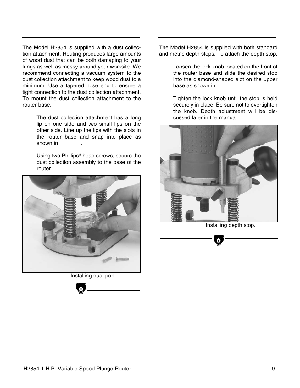 Dust collection, Depth stop | Grizzly H2854 User Manual | Page 11 / 24